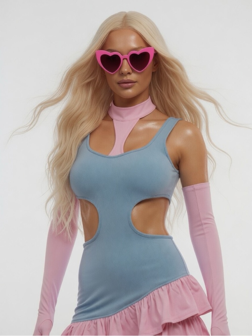 Blue and Pink Cutout Dress with Heart Sunglasses plus Gloves 🩷🩵